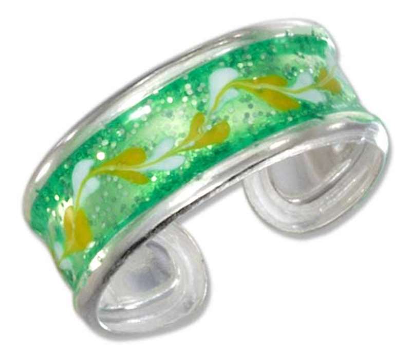 White Yellow Flowers On Sparkly Green Enameled Band Toe Ring