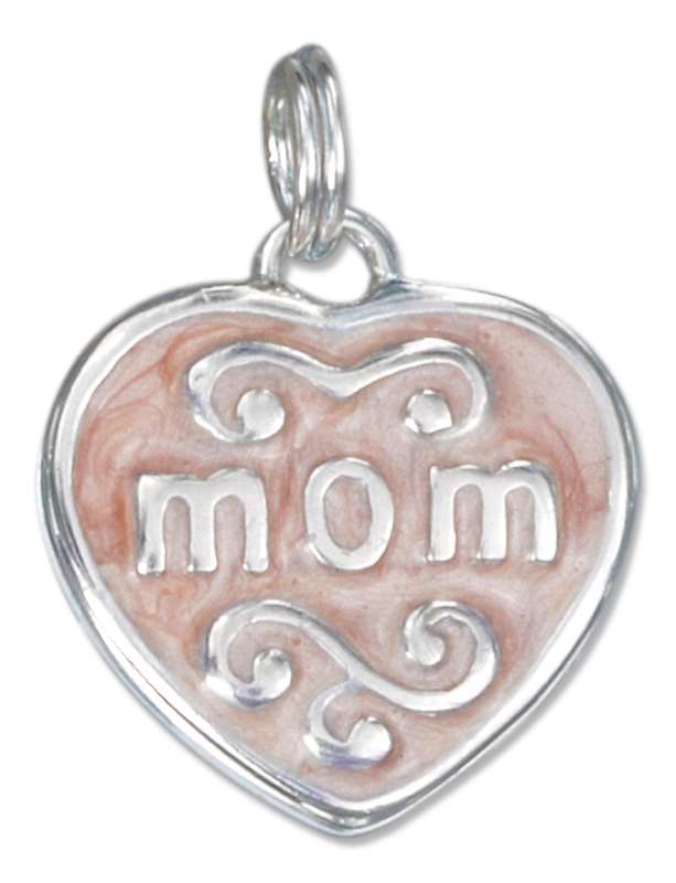 Mom On Enameled Flat Heart Charm Mom On Enameled Flat Heart Charm