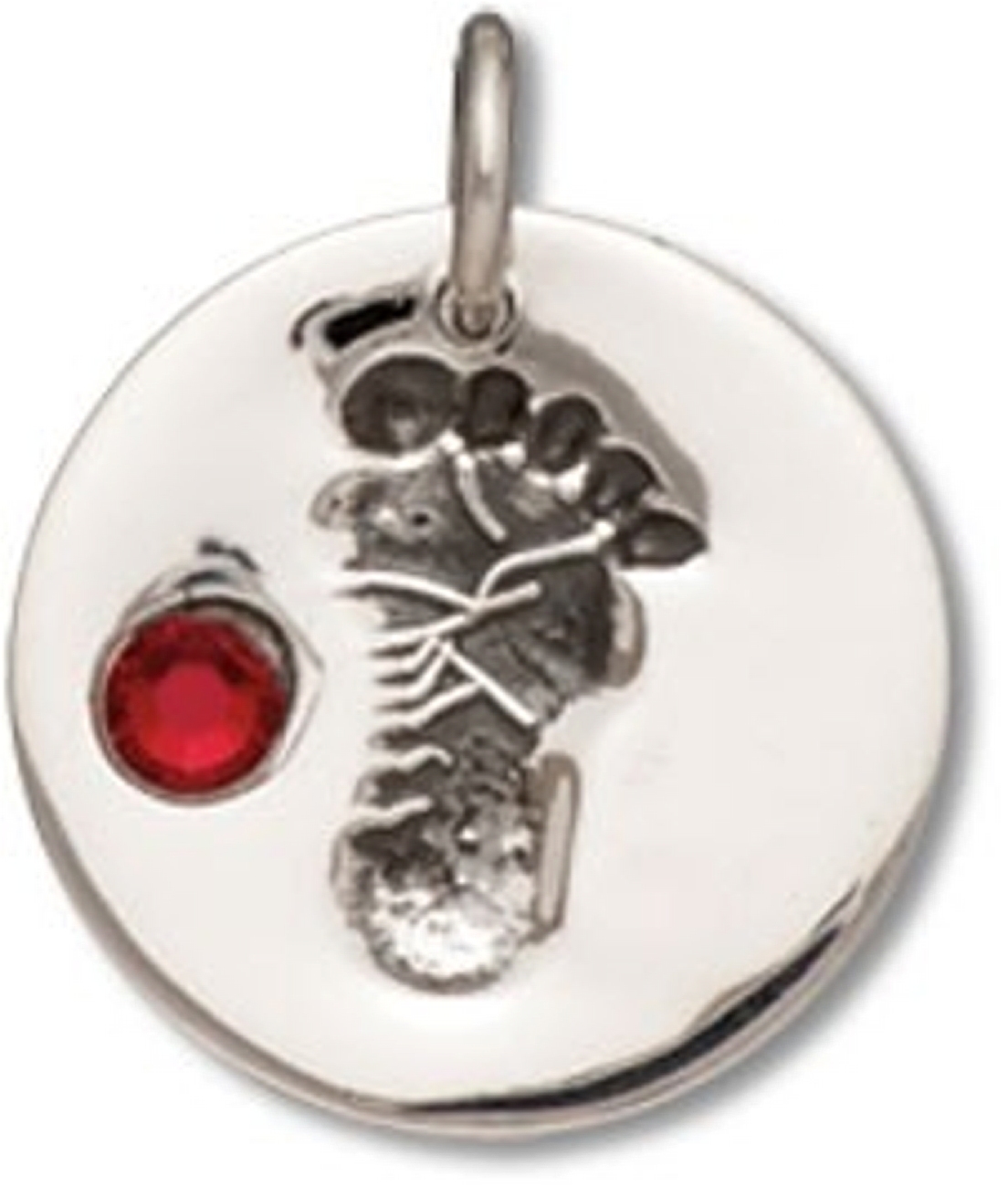 Round Red January Cubic Zirconia Birthstone Baby Footprint Charm