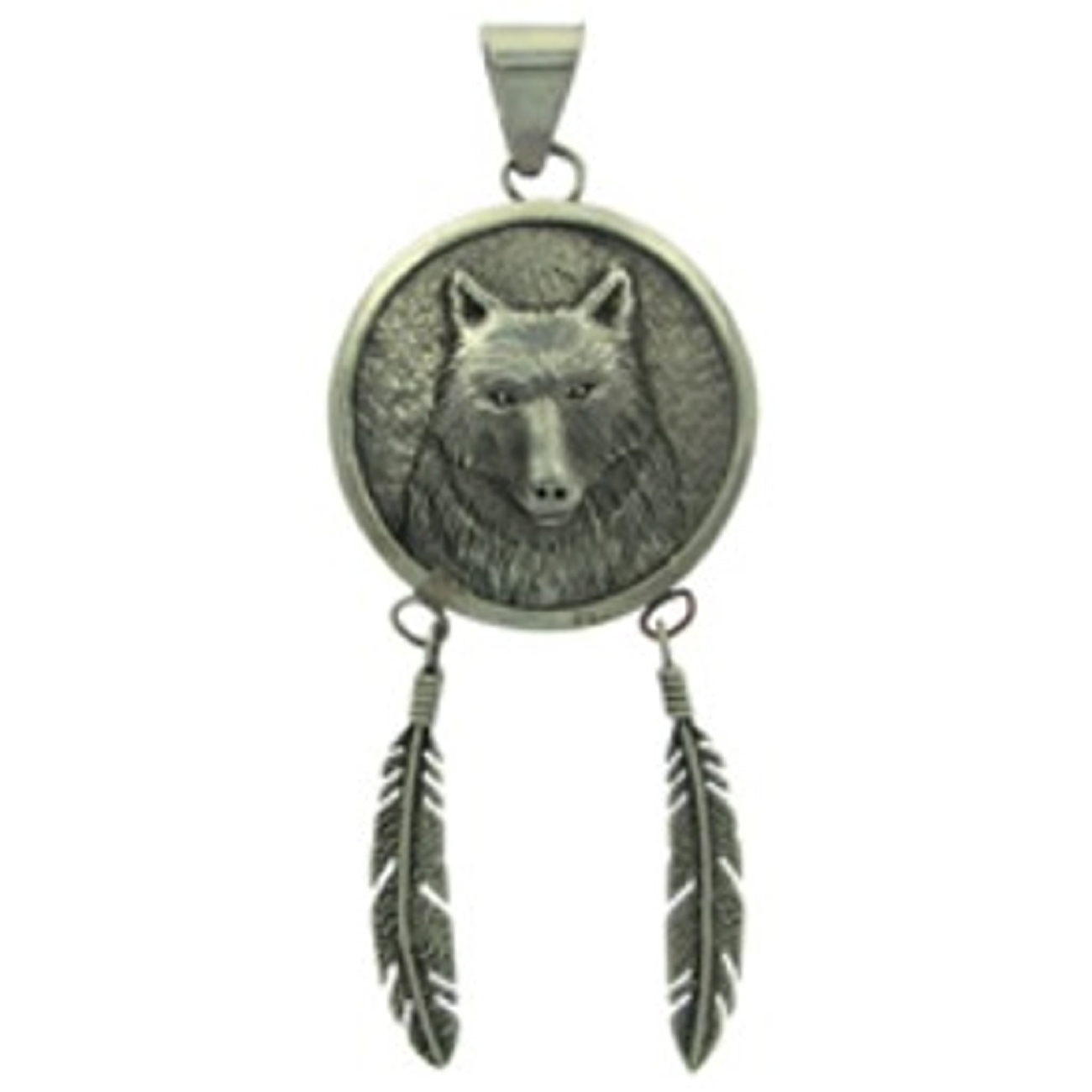Wolf In Circle With Hanging Feathers Pendant Wolf In Circle With Hanging Feathers Pendant