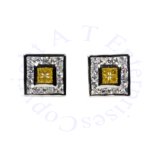 7/16" Square Silver Yellow Topaz Clear CZ Post Men's Earrings