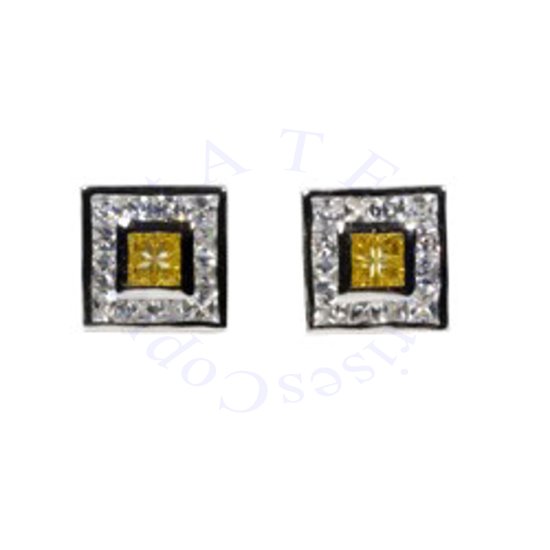 7/16" Square Silver Yellow Topaz Clear CZ Post Men's Earrings - Click Image to Close