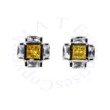 1/2" Square Yellow And Clear CZ Squashed Cross Post Men's Earrings