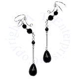 Left And Right Pierceless Long Dangle Pear Shaped Black Onyx Ear Cuffs