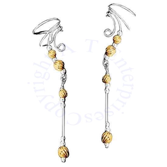 Left Right Pierceless Long Dangle Gold Filled Twist Beads Ear Cuffs - Click Image to Close