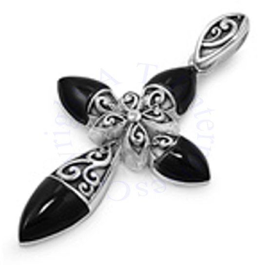 Religious Cross Round Pointed Arm Black Onyx And Filigree Pendant - Click Image to Close