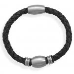 Men's 8" Stainless Steel Black Leather Bracelet Large And Small Beads