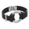Men's 8" Stainless Steel Circle Ring Black Leather Bracelet