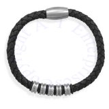 Men's 9" Stainless Steel Black Leather Bracelet With Beads