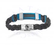 Men's 8.5" Stainless Steel Braided Black Leather Bracelet With Blue