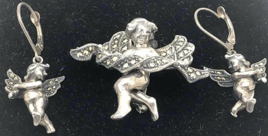 Vintage Judith Jack Cherub Angel Brooch And Earrings Set - Click Image to Close