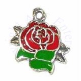 Red Enamel Rose Charm With Green Leaves