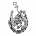 Cowboy Riding Bucking Bronco Horse Facing Right In A Horse Shoe Charm
