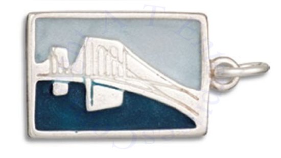 3D Blue Enameled BROOKLYN BRIDGE USA Two Sided Post Card Charm - Click Image to Close