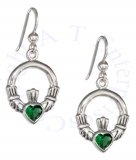 Claddagh Dangle Earrings Emerald Glass Hearts