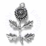Sterling Silver 3D Dandelion Flower And Stem With Leaves Charm