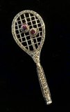 Marcasite Tennis Racket Brooch Pin With Garnet Balls