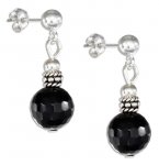 Faceted Black Onyx Drop Post Earrings Silver Bali Beads