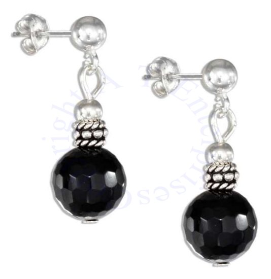 Faceted Black Onyx Drop Post Earrings Silver Bali Beads - Click Image to Close