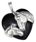Horse And Foal Black Onyx Stone Heart Pendant