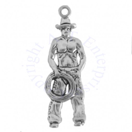 Large Cowboy With Shirt Off Holding Rope Charm - Click Image to Close