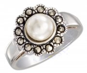 Marcasite Flower Faux White Pearl Ring