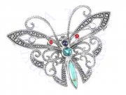 Marcasite Turquoise Red Coral Butterfly Brooch Pin