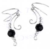 Left And Right Curly Q Long Wave Faceted Black Onyx Bead Ear Cuff Set