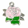Pink Enamel Rose Flower Charm With Green Leaves
