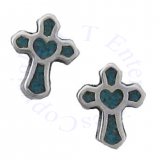 Southwest Inlaid Blue Turquoise Chips Heart In Cross Post Earrings