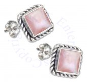 Square Roped Edge Pink Mother of Pearl Post Earrings