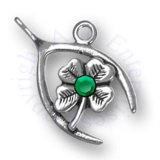 3D Wishbone With Four Leaf Clover With Green Cubic Zirconia Charm
