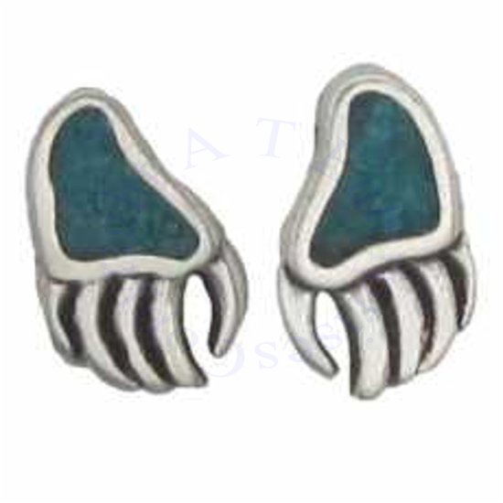 Southwest Inlaid Blue Turquoise Chips Bear Claw Post Earrings - Click Image to Close
