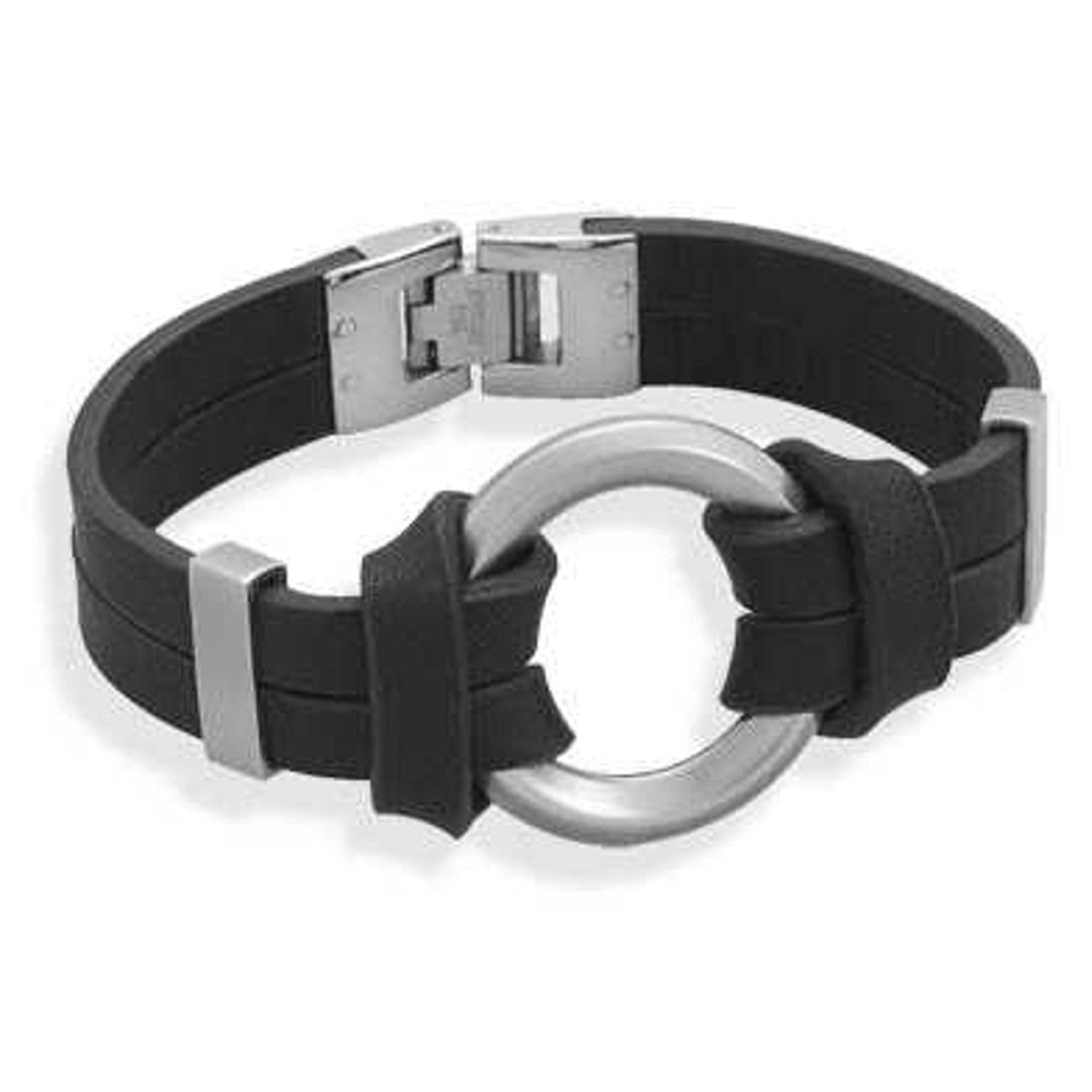 Men's 8" Stainless Steel Circle Ring Black Leather Bracelet Men's 8" Stainless Steel Circle Ring Black Leather Bracelet