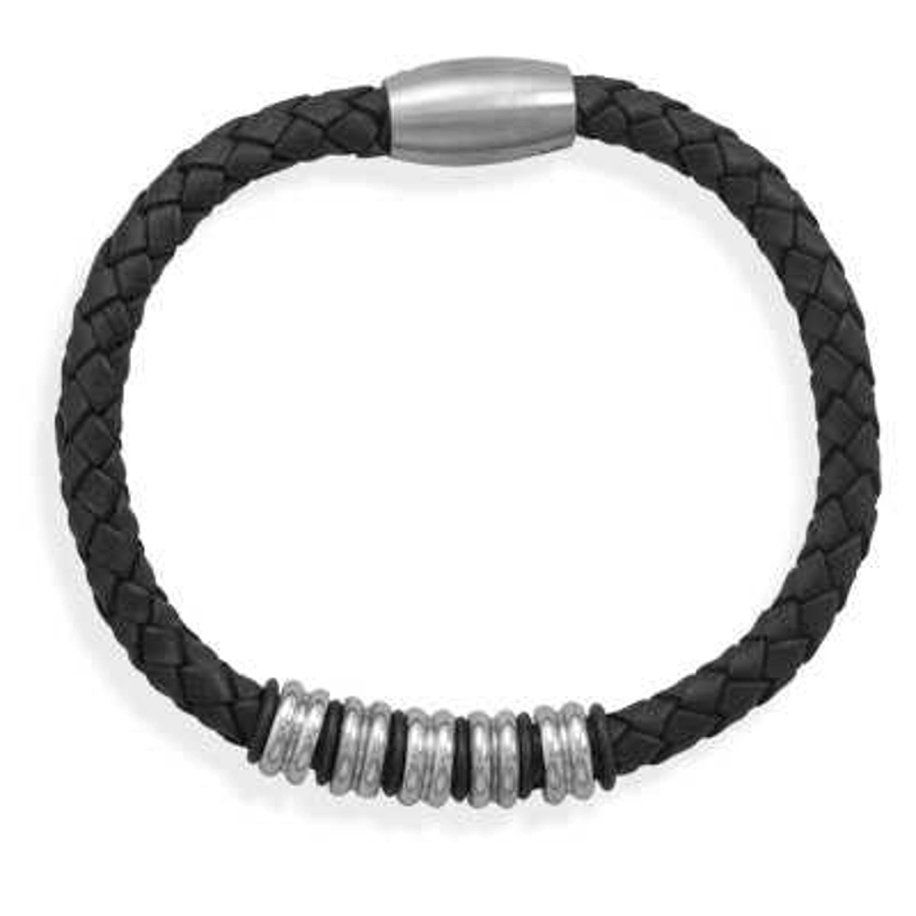 Men's 9" Stainless Steel Black Leather Bracelet With Beads Men's 9" Stainless Steel Black Leather Bracelet With Beads