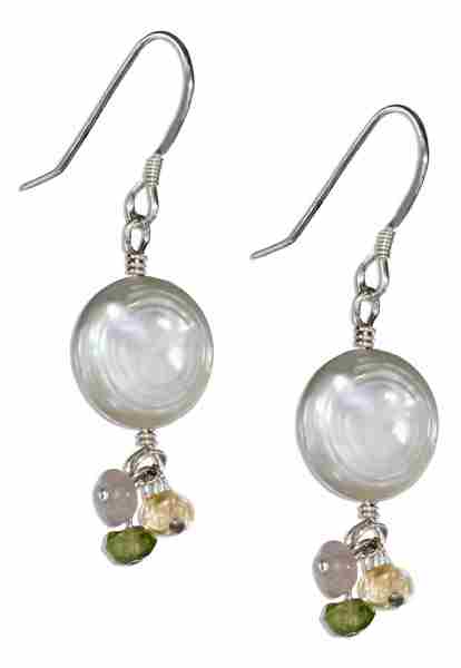 White Freshwater Coin Pearl Earrings Multi Gemstone Dangles White Freshwater Coin Pearl Earrings Multi Gemstone Dangles
