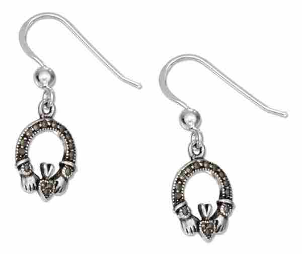 1/4" Marcasite Claddagh Dangle Earrings 1/4" Marcasite Claddagh Dangle Earrings