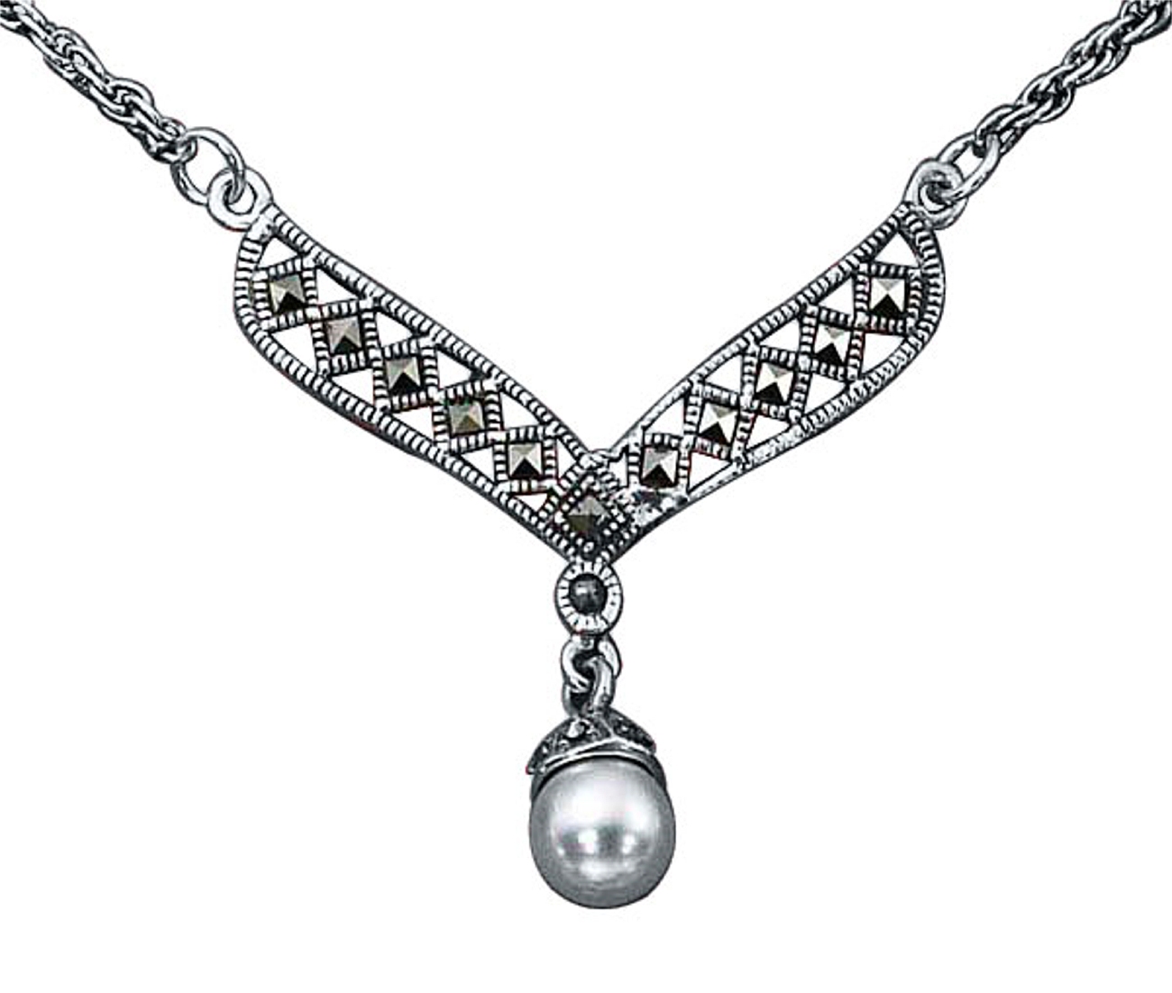 Rope Choker Necklace Marcasite Center Piece Faux Imitation Pearl Rope Choker Necklace Marcasite Center Piece Faux Imitation Pearl