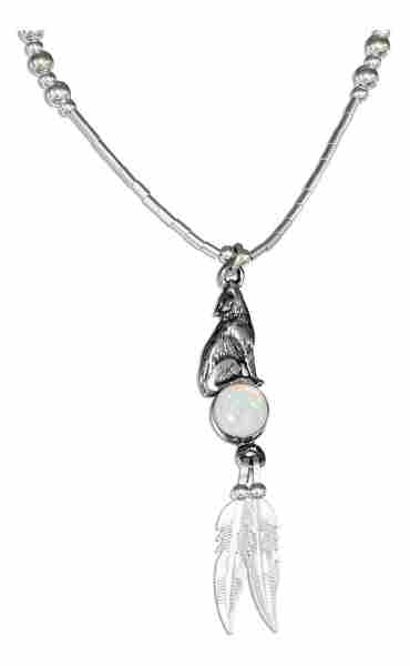 Choker Necklace Howling Wolf Imitation Opal Eagle Feathers - Click Image to Close