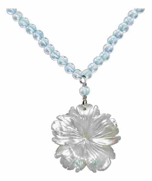 Strung Blue Topaz Choker Necklace Shell Flower Pendant Strung Blue Topaz Choker Necklace Shell Flower Pendant