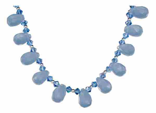 Blue Chalcedony Briolettes Blue Austrian Crystals Necklace - Click Image to Close