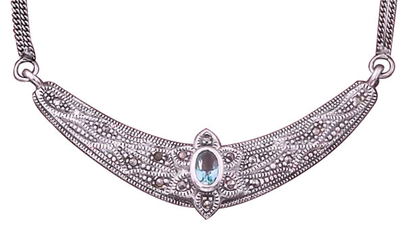 Oxidized Double Curb Necklace Marcasite Crescent Blue C Oxidized Double Curb Necklace Marcasite Crescent Blue C