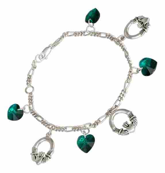 7"-8" Adjustable Figaro Charm Bracelet 10mm Green Glass Hearts C 7"-8" Adjustable Figaro Charm Bracelet 10mm Green Glass Hearts C