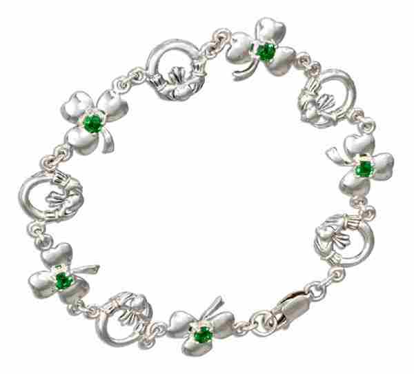 7" Claddagh Shamrock Three 3 Leaf Clover Green Glass Link Bracel 7" Claddagh Shamrock Three 3 Leaf Clover Green Glass Link Bracel