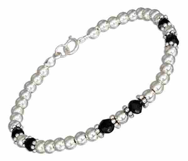 Faceted Black Onyx Bracelet Bali Daisy 4mm Ball Spacers Faceted Black Onyx Bracelet Bali Daisy 4mm Ball Spacers