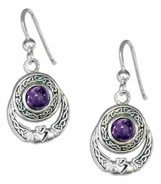 Antiqued Celtic Claddagh Dangle Earrings Round Amethyst Antiqued Celtic Claddagh Dangle Earrings Round Amethyst