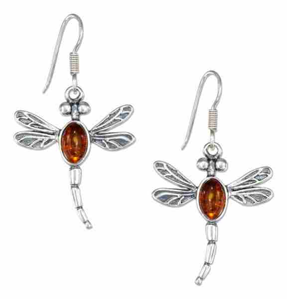Honey Cognac Amber Dragonfly Dangle Earrings Honey Cognac Amber Dragonfly Dangle Earrings