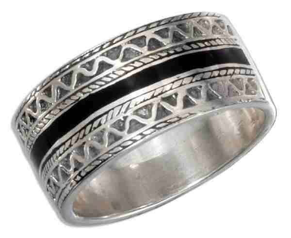 Unisex Black Enameled Centered Ring - Click Image to Close