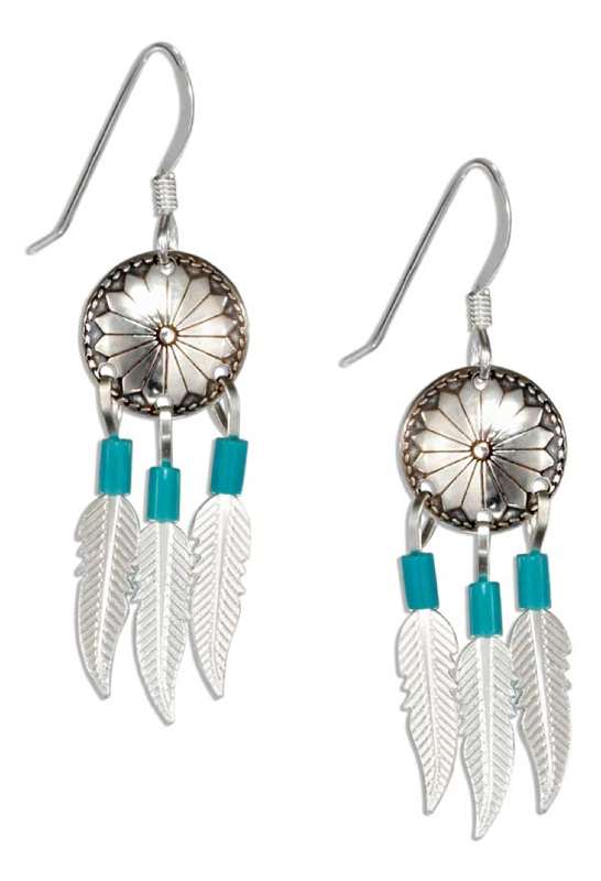 Concho Earrings Turquoise Heshi Beads Feathers Concho Earrings Turquoise Heshi Beads Feathers