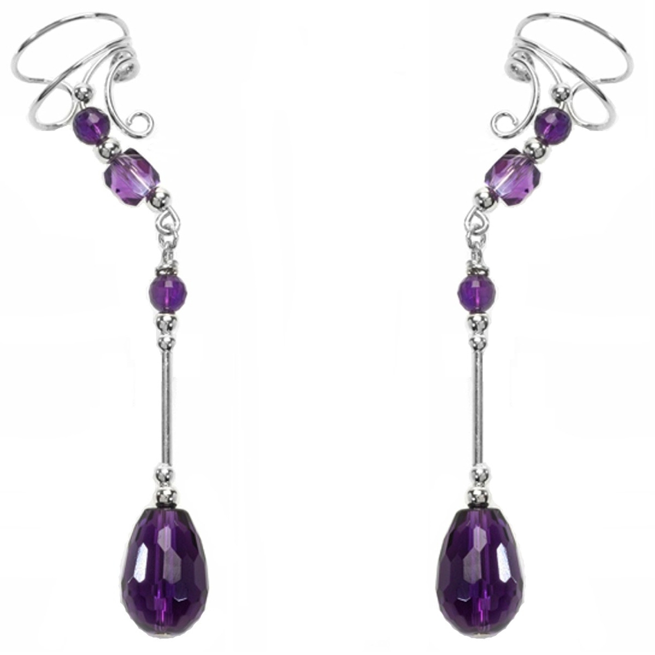 Right Only Long Dangle Purple Amethyst Briolette Ear Cuff Wrap Right Only Long Dangle Purple Amethyst Briolette Ear Cuff Wrap